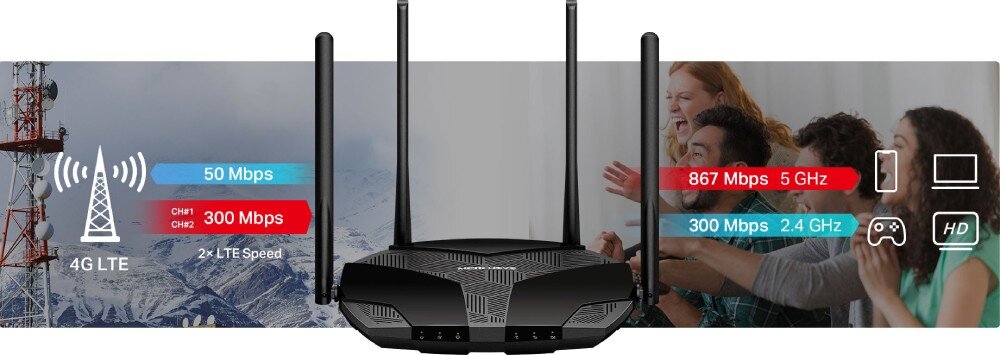 Router MERCUSYS MB235-4G Router na tle grafiki przedstawiającej wieżę 4G LTE i grupę ludzi, z zaznaczonymi prędkościami sieci LTE oraz dwuzakresowym Wi-Fi 2.4 GHz i 5 GHz, agragacja pasm, prędkość LTE