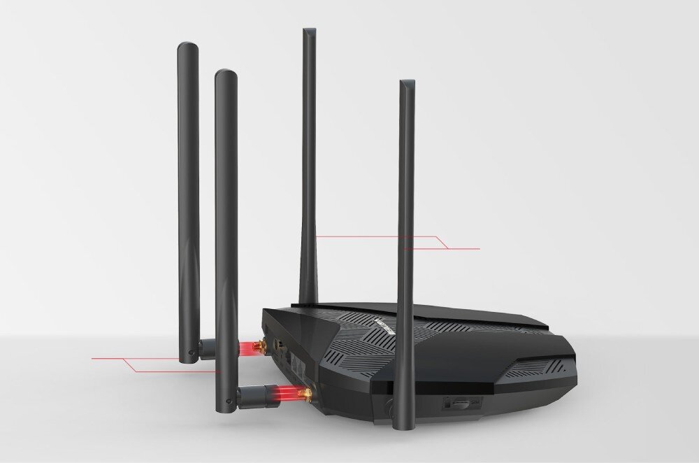 Router MERCUSYS MB235-4G Ujęcie boczne routera z czterema antenami oraz czerwonymi liniami wskazującymi gniazda i elementy konstrukcji, anteny, sygnał,