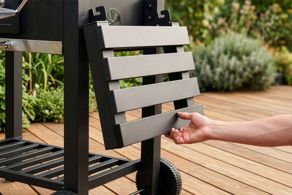 Grill węglowy GÖTZE & JENSEN GG700 56.5 x 41.8 cm Składana półka boczna grilla Götze & Jensen GG700 pozwalająca na zaoszczędzenie miejsca podczas przechowywania.