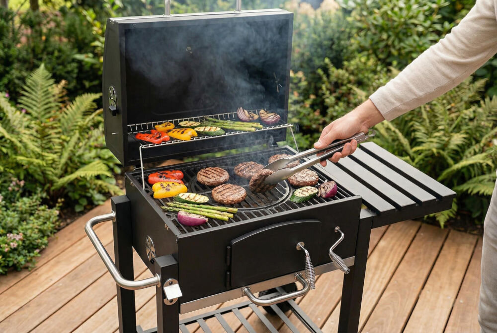 Grill węglowy GÖTZE & JENSEN GG710 z kominem 56.5 x 41.8 cm Dania z grilla, takie jak burgery, szparagi, papryka i cukinia, piekące się na ruszcie czarnego grilla węglowego Götze & Jensen.