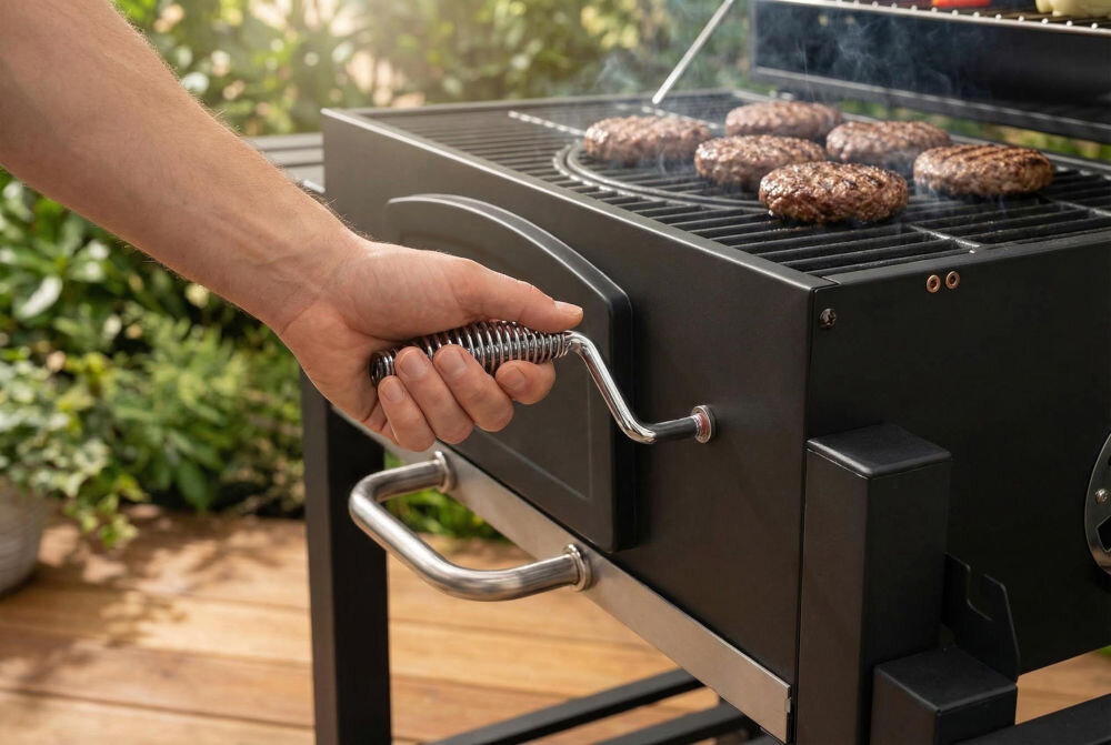 Grill węglowy GÖTZE & JENSEN GG710 z kominem 56.5 x 41.8 cm Mężczyzna kręci korbą umieszczoną na przednim panelu grilla, która służy do płynnej regulacji wysokości tacy na węgiel i kontrolowania intensywności smażenia burgerów na ruszcie.