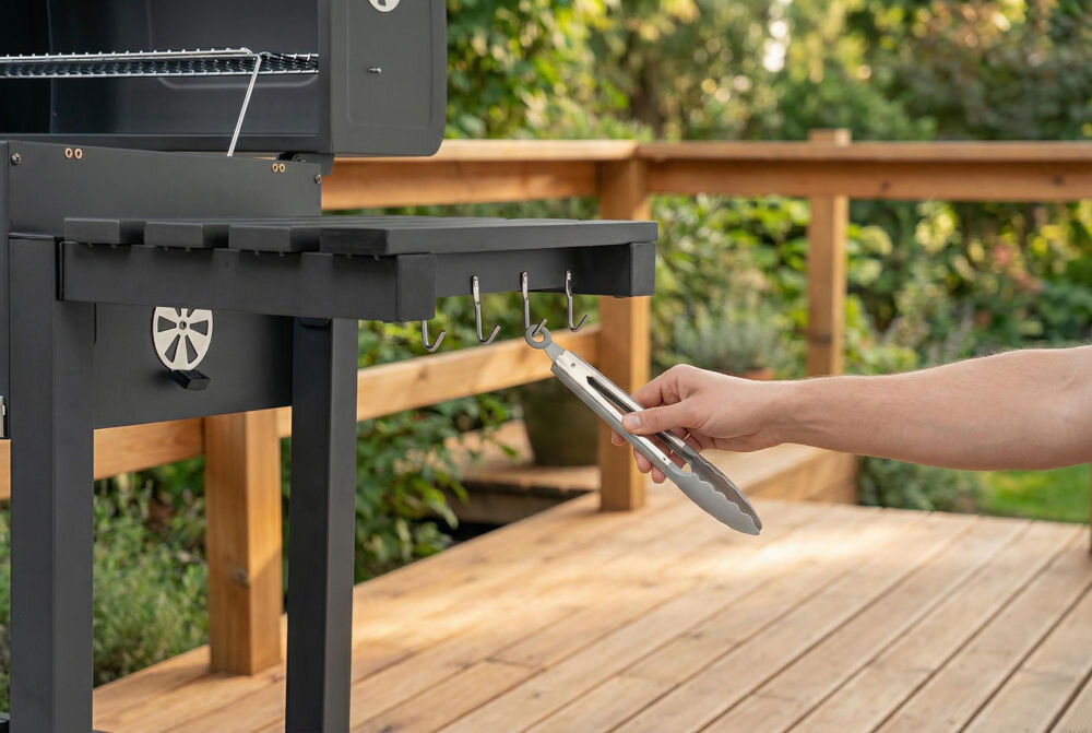 Grill węglowy GÖTZE & JENSEN GG710 z kominem 56.5 x 41.8 cm Osoba odwieszająca szczypce do grillowania na jeden z czterech metalowych haczyków zamontowanych pod boczną półką grilla Götze & Jensen.
