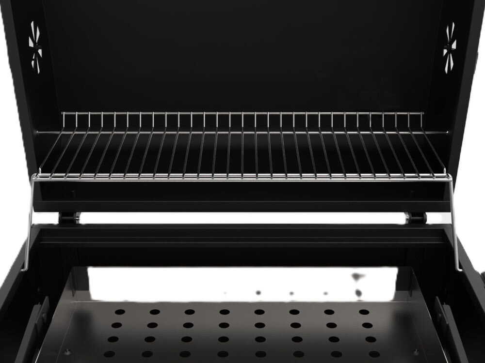Grill węglowy GÖTZE & JENSEN GG710 z kominem 56.5 x 41.8 cm Wnętrze grilla Götze & Jensen pokazujące chromowany ruszt do podgrzewania oraz perforowaną płytę na węgiel.