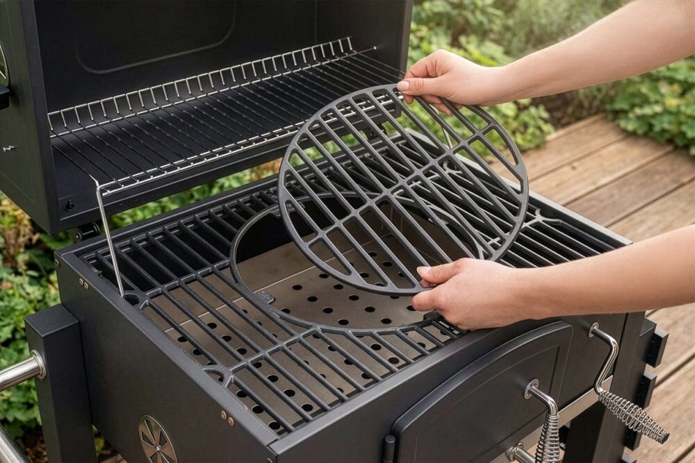 Grill węglowy GÖTZE & JENSEN GG710 z kominem 56.5 x 41.8 cm Osoba zdejmująca okrągły, wymienny środek żeliwnego rusztu w systemie Modular, umożliwiający stosowanie dedykowanych akcesoriów.