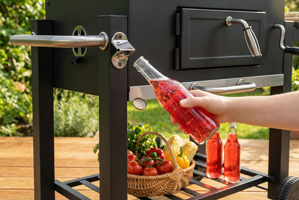 Grill węglowy GÖTZE & JENSEN GG710 z kominem 56.5 x 41.8 cm Otwieranie szklanej butelki z napojem za pomocą wbudowanego w konstrukcję grilla metalowego otwieracza do butelek.