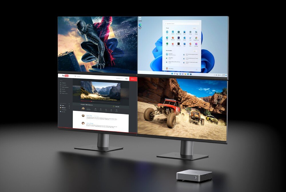 Komputer CHUWI AuBox-P-K3 Monitor podzielony na cztery części wyświetlające różne aplikacje i gry, przed nim na blacie stoi niewielki komputer, monitory, podłączenie, obraz