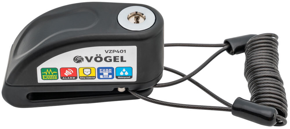 Czarne zapięcie z alarmem z widocznym logo VÖGEL VZP401 oraz kolorowymi ikonami przedstawiającymi funkcje: alarm, materiał stopowy, funkcję dymu, wodoodporność. Obok znajduje się zwinięta linka z uchwytem.