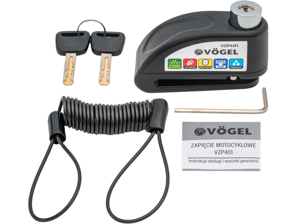 Na obrazie znajduje się zapięcie motocyklowe VÖGEL VZP401 z alarmem, dwa klucze, zwinięta linka, klucz imbusowy oraz instrukcja obsługi. Na zapięciu widoczne są kolorowe ikony i logo VÖGEL.
