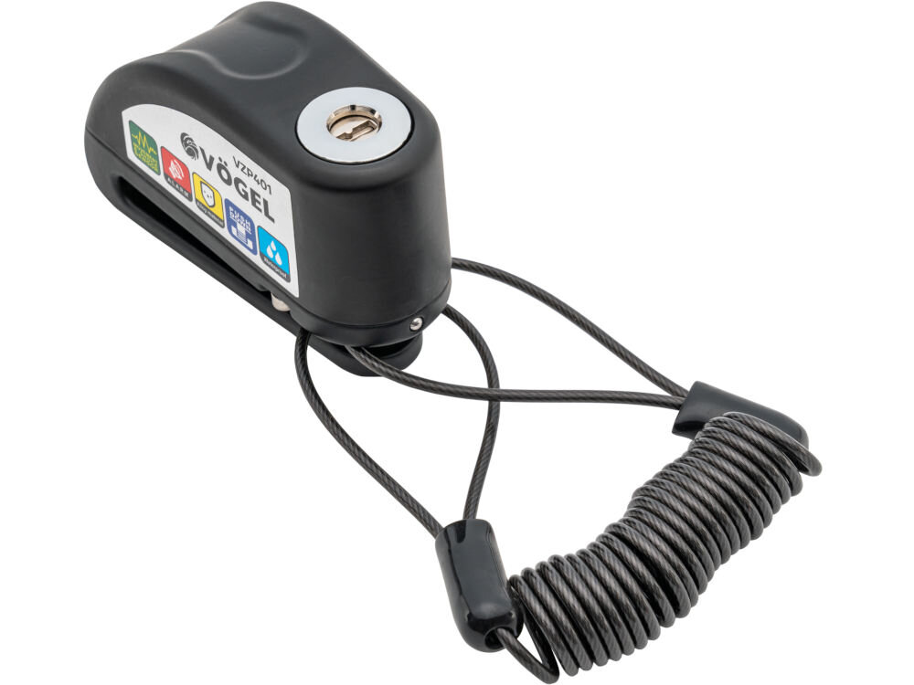 Czarne zapięcie z alarmem z widocznym logo \'VÖGEL VZP401\' oraz kolorowymi ikonami na boku. Do zapięcia przymocowana jest zwinięta linka zabezpieczająca.