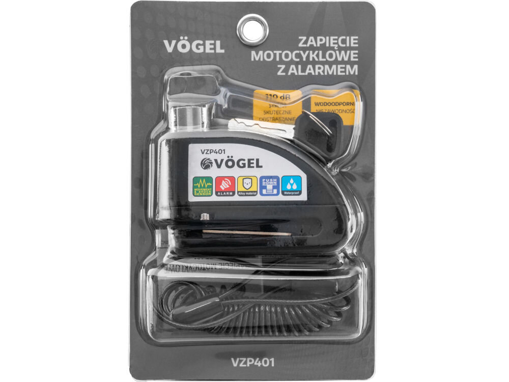 Opakowanie zapięcia motocyklowego z alarmem marki VÖGEL, model VZP401. Na opakowaniu widoczne są ikony przedstawiające funkcje produktu oraz napisy: \'110 dB\', \'3x skuteczne zabezpieczenie\', \'wodoodporne\'.