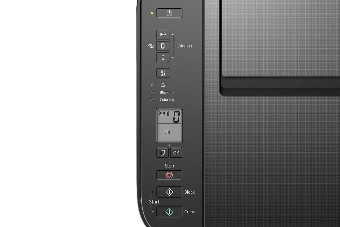 Panel sterowania urządzenia wielofunkcyjnego z przyciskami i wyświetlaczem LCD. Widoczne są przyciski z ikonami, napisy \'Wireless\', \'Black Ink\', \'Color Ink\', \'Stop\', \'Start\', \'Black\', \'Color\' oraz wyświetlacz pokazujący \'LTR\'.