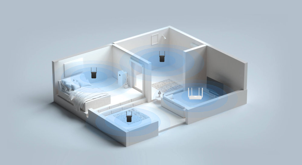 Grafika przedstawia schemat mieszkania z zaznaczonymi obszarami zasięgu sieci Wi-Fi. W kilku miejscach w pomieszczeniach widoczne są urządzenia przypominające wzmacniacze sygnału.