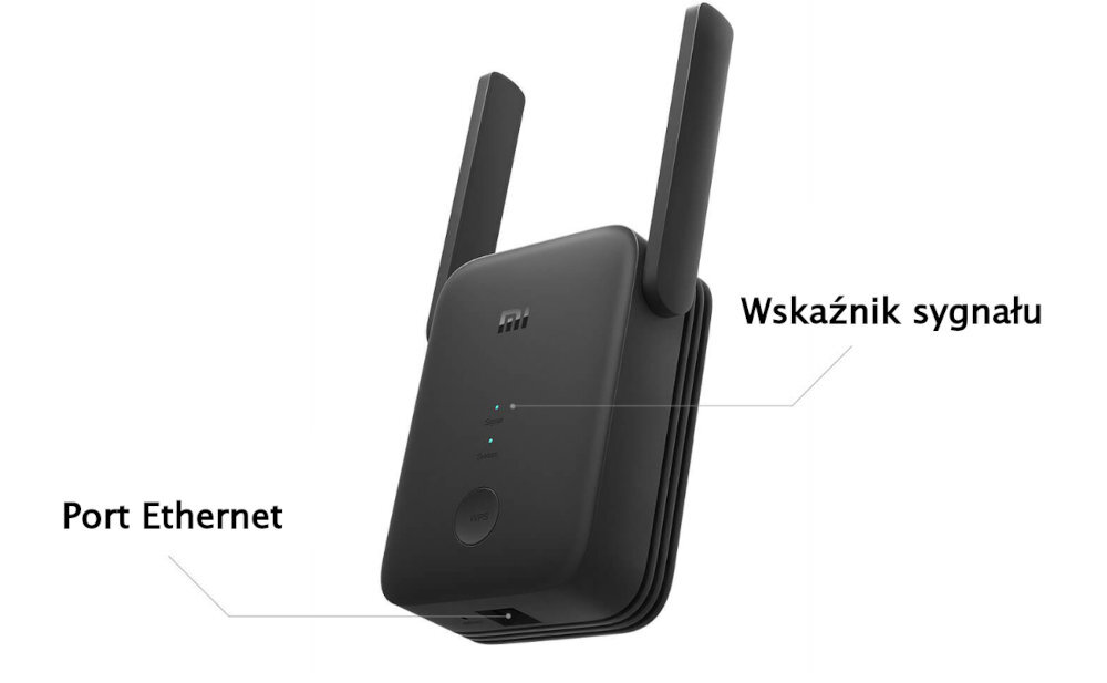 Czarny wzmacniacz sieci z dwoma antenami, logo producenta na górze. Widoczne są oznaczenia: \'Port Ethernet\' i \'Wskaźnik sygnału\'.