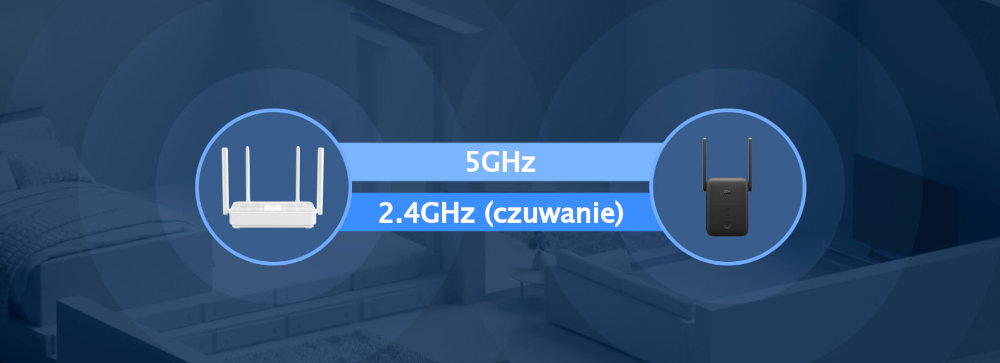 Obraz przedstawia dwa urządzenia sieciowe połączone linią z napisami \'5GHz\' i \'2.4GHz (czuwanie)\'. W tle widoczny jest zarys wnętrza pokoju.
