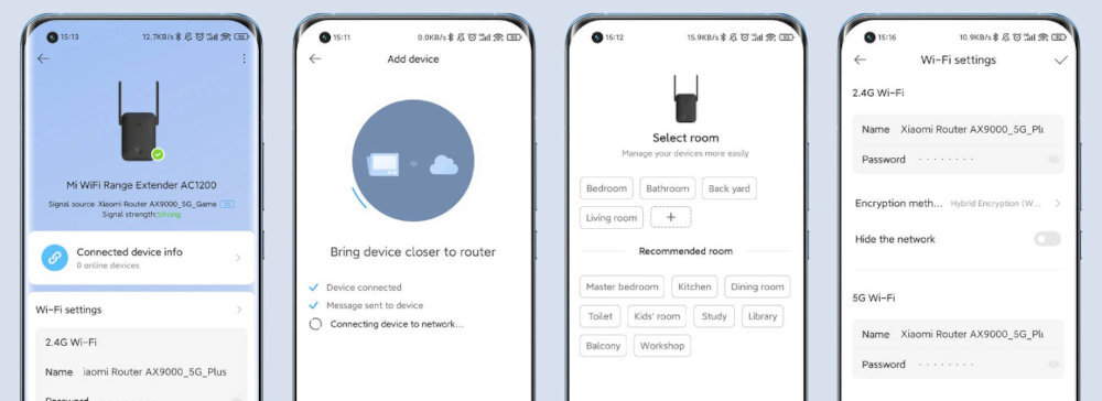 Cztery ekrany aplikacji mobilnej pokazujące konfigurację wzmacniacza sieci Wi-Fi. Widoczne są opcje takie jak informacje o urządzeniu, dodawanie urządzenia, wybór pokoju oraz ustawienia Wi-Fi z nazwą i hasłem sieci.