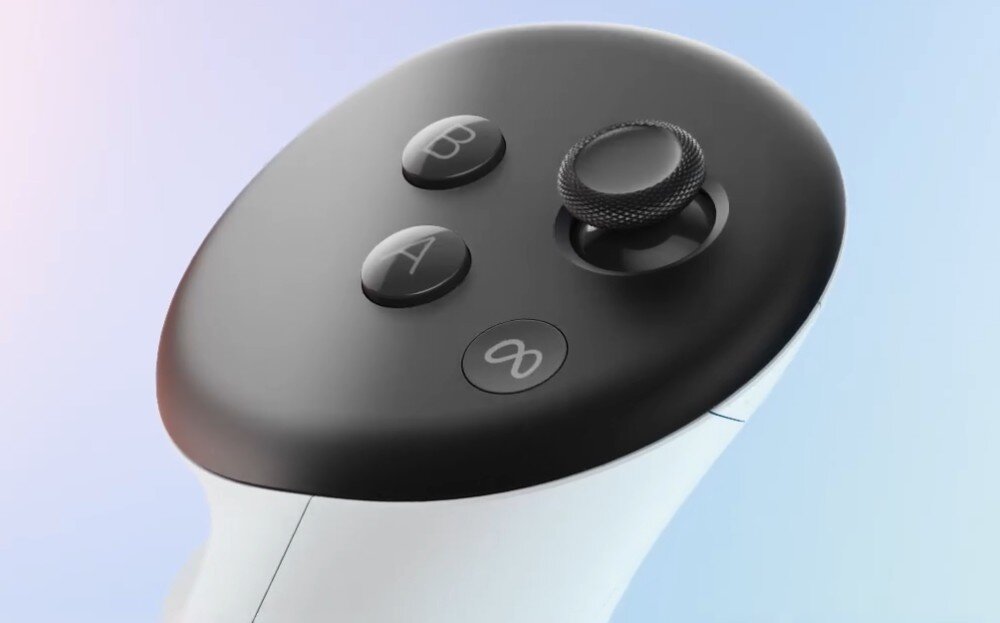 Gogle VR OCULUS Meta Quest 3S 128GB przybliżenie na kontroler z widocznymi przyciskami i gałką wibracje sterowanie