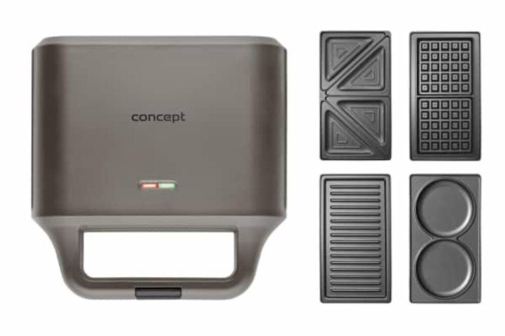 Opiekacz CONCEPT SV3057 4w1 zdjęcie lifestyle 4 wymienne zestawy płyt cztery możliwości przygotowywania posiłków do kanapek, gofrów, grillowania i placuszków