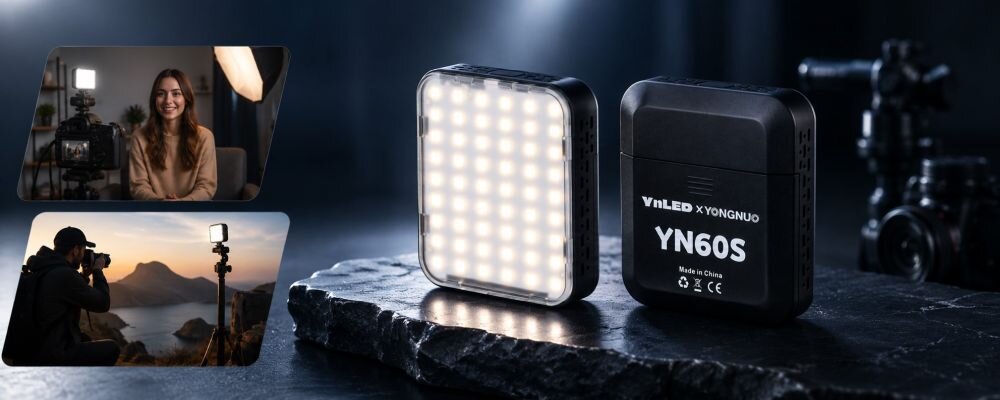 Lampa LED Yongnuo YN60S - WB (5600 K), czarna ustawiona obok zdjęć z sesji filmowej i fotograficznej, plenerowej