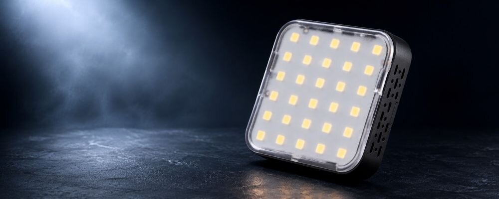 Lampa LED Yongnuo YN60S - WB (5600 K), czarna ustawiona na ciemnym, oświetlonym tle