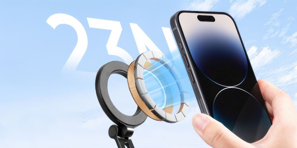 Dłoń przybliża telefon do uchwytu K&F Concept MS35 na tle grafiki niebieskiego. Pomiędzy 16 magnesów neodymowych N52