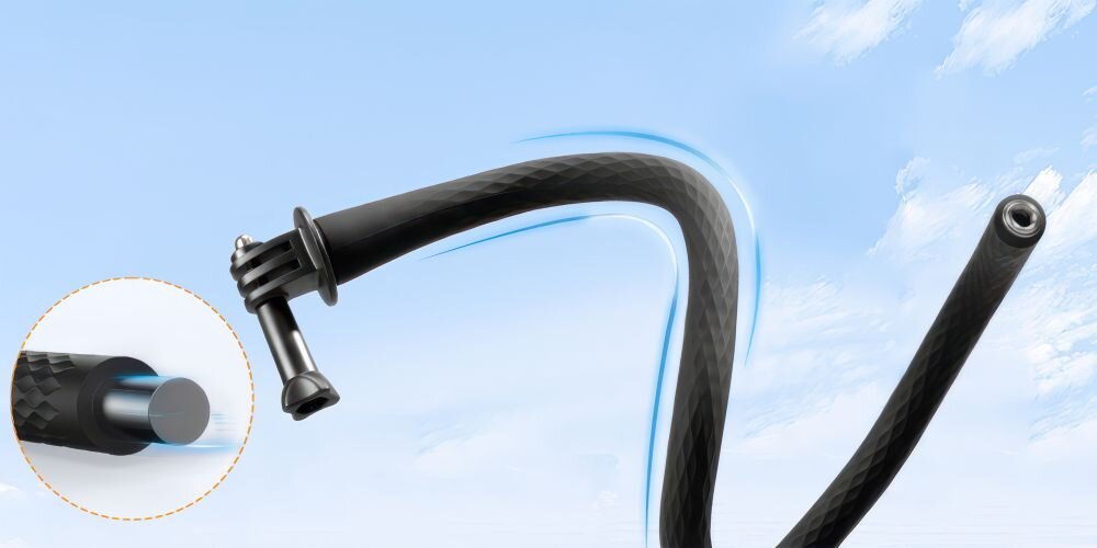 Wygięty uchwyt K&F Concept MS35 na tle grafiki niebieskiego nieba z białymi obłoczkami. Po lewo zbliżenie na końcówkę uchwytu