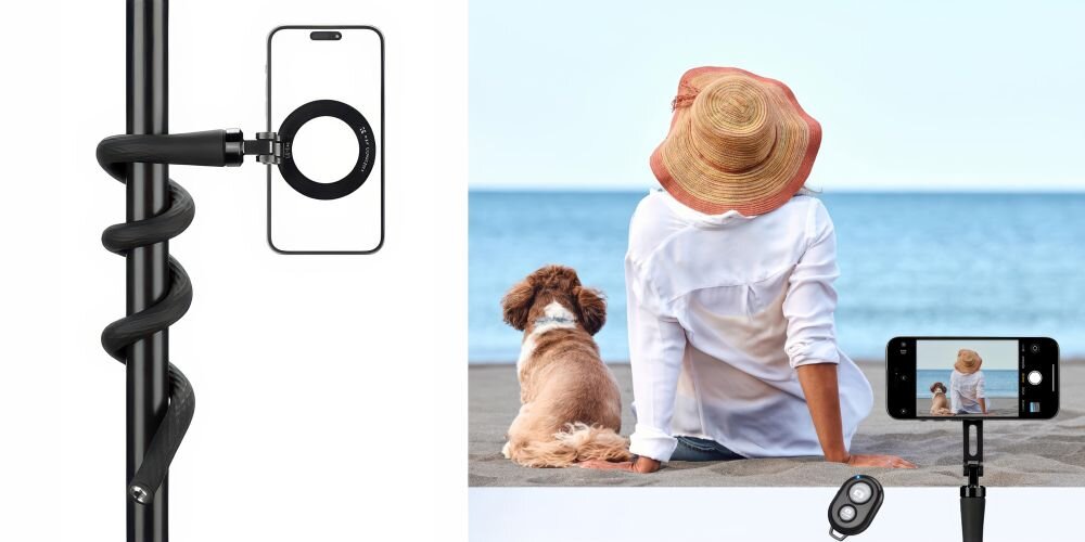 Uchwyt MS35 ze smartfonem owinięty wokół rurki. Po prawo kobieta z psem na plaży nagrywana przez telefon na uchwycie MS35