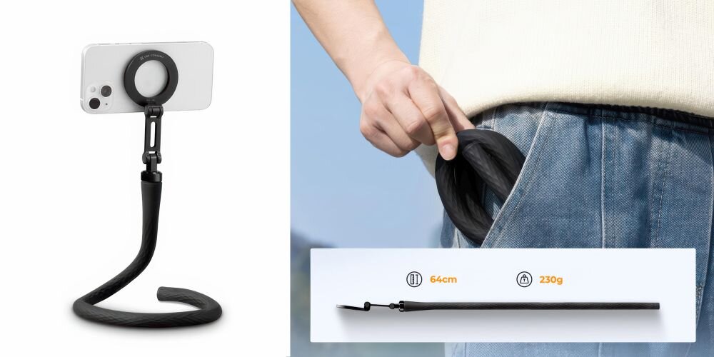 Telefon na uchwycie MS35 w formie statywu biurkowego. Po prawo mężczyzna chowa zwinięty uchwyt do kieszeni
