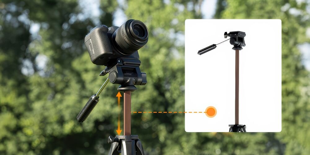 Lustrzanka na statywie K&F Concept S255A3 z głowicą BV01 na tle drzew. Po prawo zbliżenie na wysuwaną kolumnę centralną