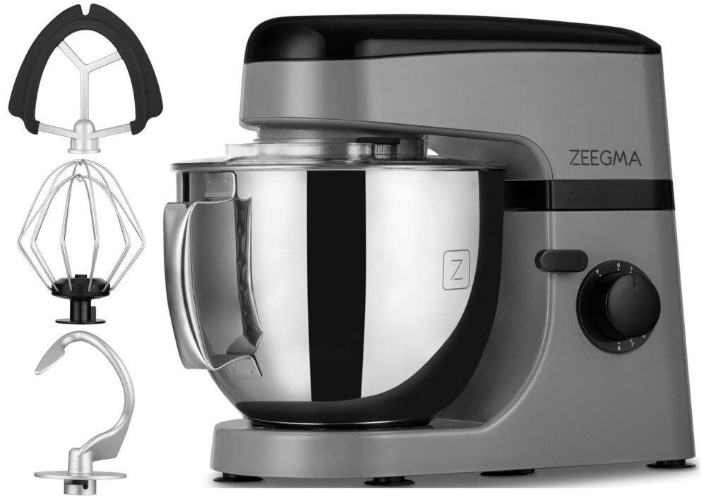 Robot kuchenny planetarny ZEEGMA Planeet Mix 1000W Szary misa z uchwytem pokrywka do misy mieszadło hak ubijaczka dokumentacja 