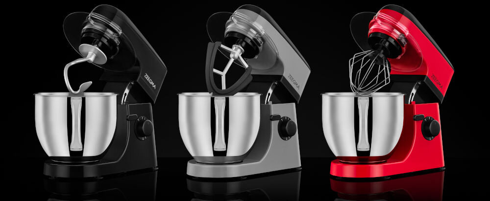 Robot kuchenny planetarny ZEEGMA Planeet Mix 1000W Szary teflonowe haki i mieszadła zapobieganie przywieraniu masy łatwe czyszczenie w zmywarce łatwe czyszczenie trudno dostępnych miejsc podnoszone ramię urządzenia 