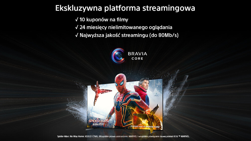 Obraz przedstawia telewizor z ekranem wyświetlającym postacie z filmu Spider-Man: No Way Home. Na górze widnieje tekst: \'Ekskluzywna platforma streamingowa\', a poniżej wymienione są korzyści: \'10 kuponów na filmy\', \'24 miesięcy nielimitowanego oglądania\', \'Najwyższa jakość streamingu (do 80Mb/s)\'.