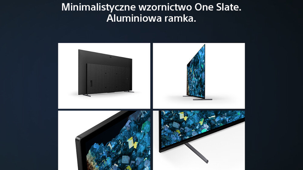 Obraz przedstawia cztery ujęcia telewizora z napisem: \'Minimalistyczne wzornictwo One Slate. Aluminiowa ramka.\'. Telewizor ma cienką aluminiową ramkę i wyświetla kolorowe obrazy na ekranie.