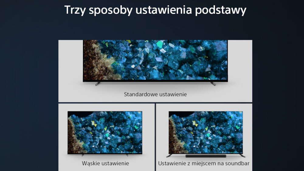 Obraz przedstawia trzy sposoby ustawienia podstawy telewizora z kolorowym ekranem. Widoczne napisy to: \'Trzy sposoby ustawienia podstawy\', \'Standardowe ustawienie\', \'Wąskie ustawienie\', \'Ustawienie z miejscem na soundbar\'.