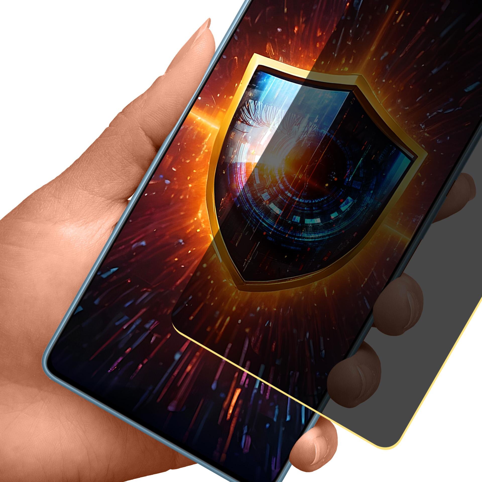 Osoba trzyma smartfon z wyświetlaczem, na którym widoczna jest grafika tarczy z efektem świetlnym. Na ekranie znajduje się dodatkowa warstwa ochronna o matowym wykończeniu.