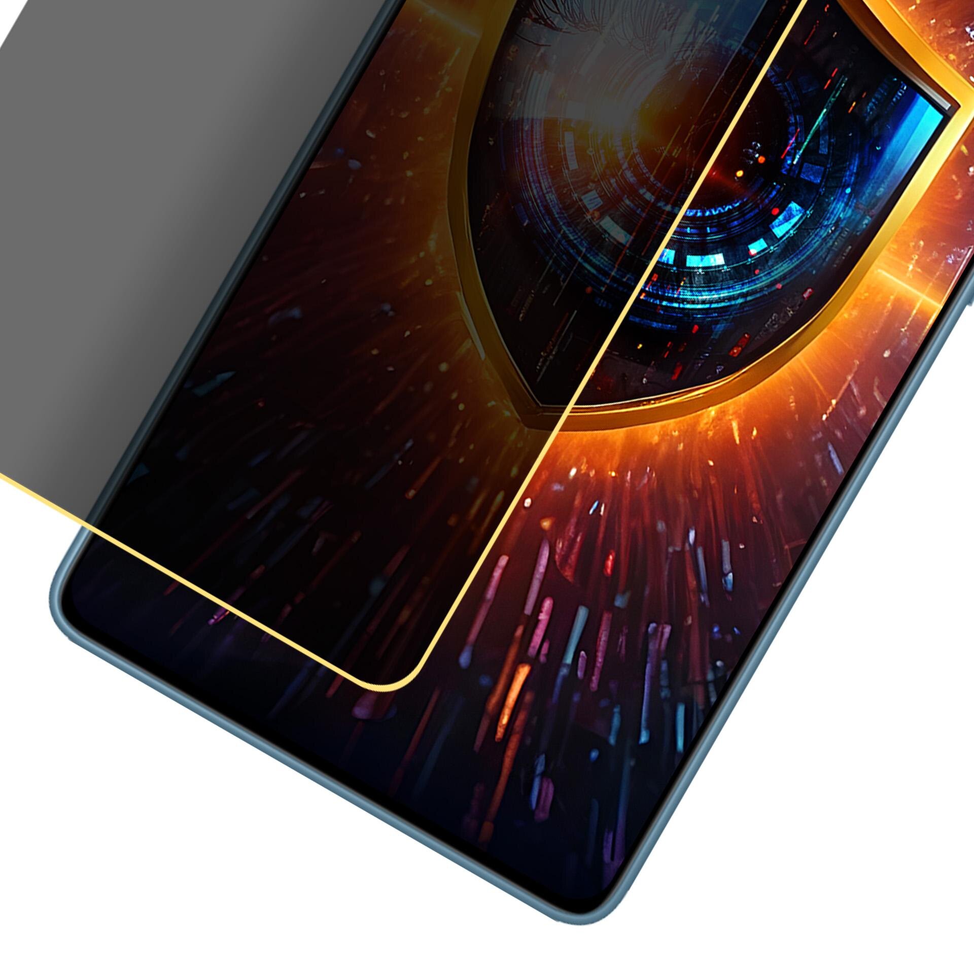 Obraz przedstawia telefon z nałożoną matową folią ochronną, która częściowo zasłania ekran. Na ekranie widoczna jest grafika z motywem tarczy i kolorowymi wzorami.