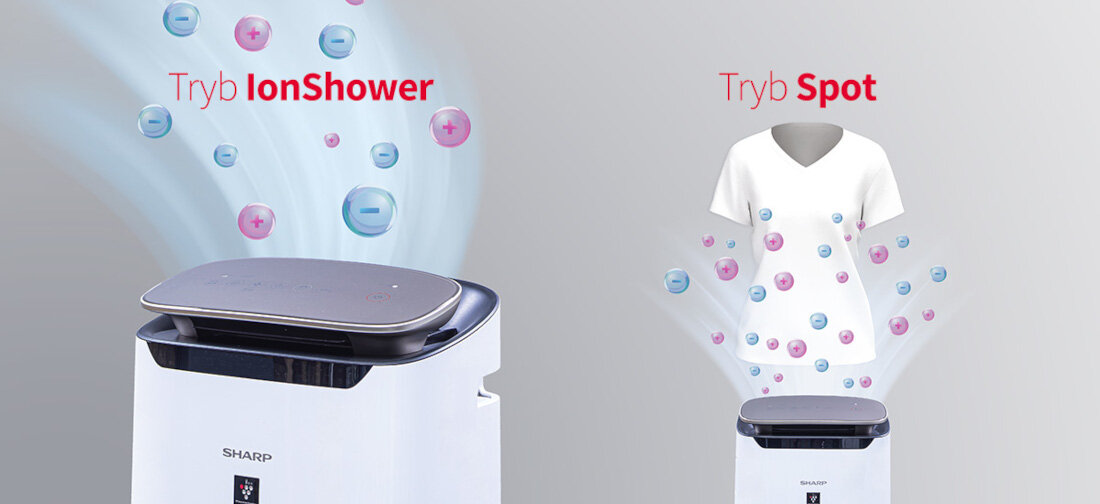 Oczyszczacz powietrza SHARP FP-J80EUW ukierunkowana świeżość Tryby Ion Shower i Spot jony Plasmacluster zanieczyszczenia, bakterie, wirusy i zapachy tryb Spot