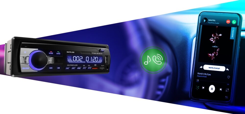 Radio samochodowe NAVITEL RD3 moduł FM wygoda funkcjonalność głośnomówiący zestaw przyciski warianty kolorystyczne podświetlenie