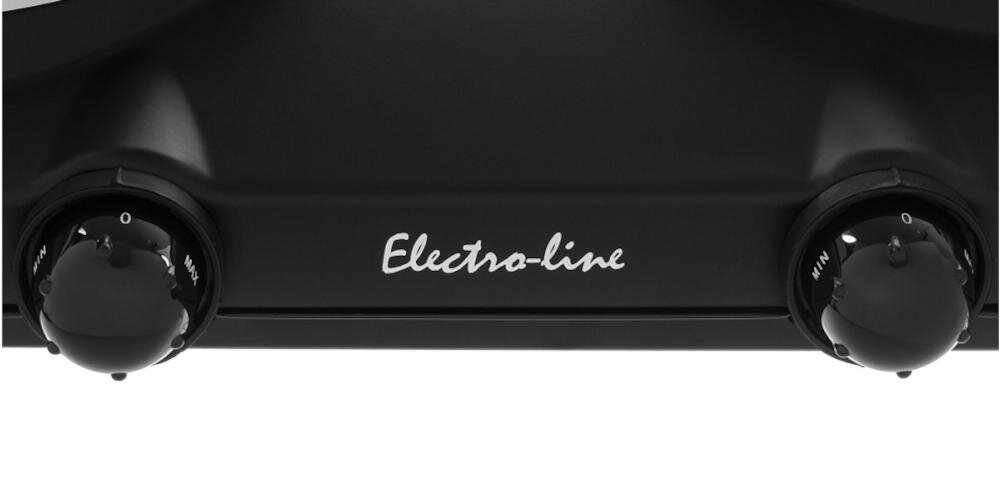 Czarna kuchenka z dwoma pokrętłami, na środku widoczne logo \'Electro-line\'.