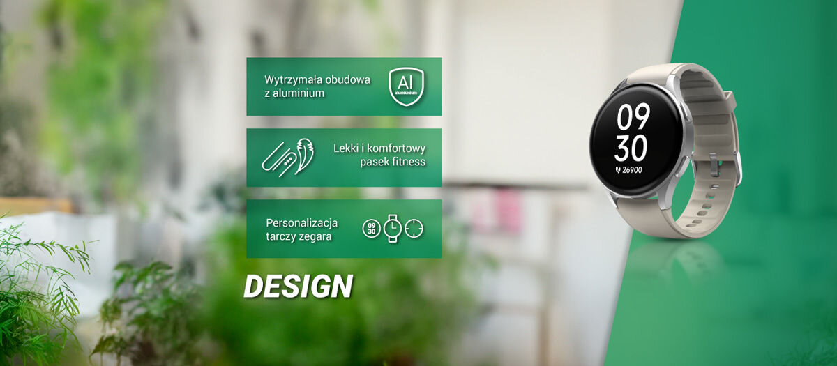 Obraz przedstawia smartwatch z wyświetlaczem pokazującym godzinę 09:30 i datę 29/09. Obok znajdują się trzy zielone panele z tekstami: \'Wytrzymała obudowa z aluminium\', \'Lekki i komfortowy pasek fitness\', \'Personalizacja tarczy zegara\'.