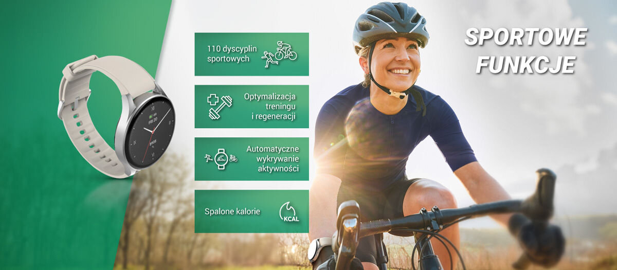 Obraz przedstawia smartwatch z jasnym paskiem oraz kobietę na rowerze. Obok zegarka znajdują się napisy: \'110 dyscyplin sportowych\', \'Optymalizacja treningu i regeneracji\', \'Automatyczne wykrywanie aktywności\', \'Spalone kalorie\', a w prawym górnym rogu widnieje tekst \'SPORTOWE FUNKCJE\'.