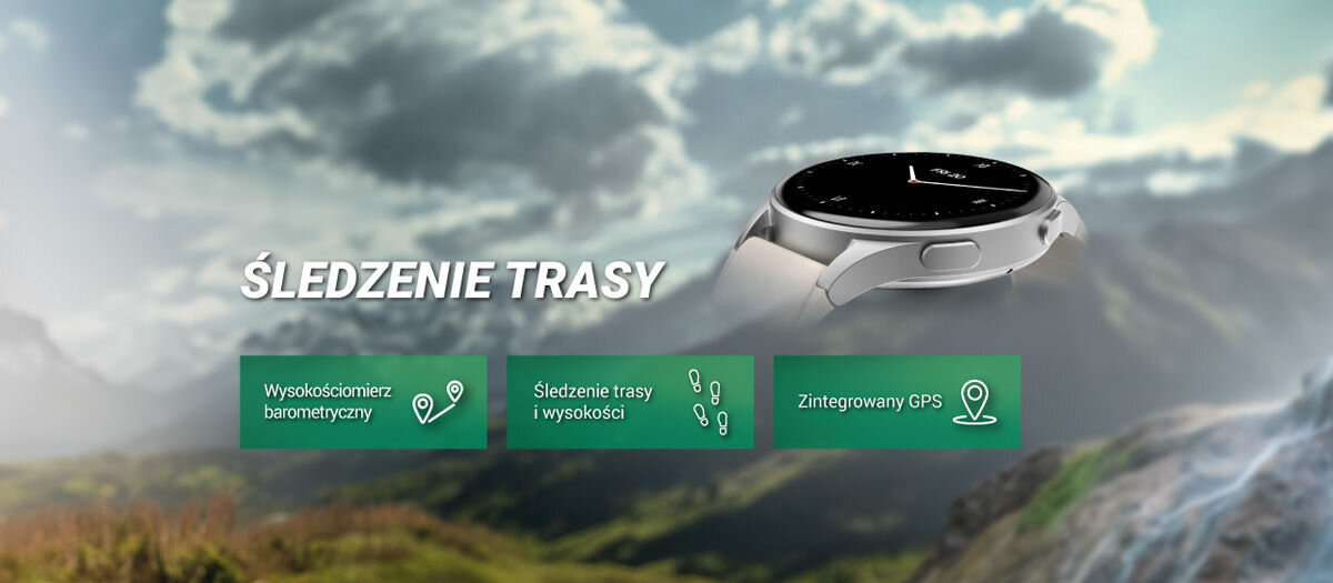 Obraz przedstawia smartwatch z okrągłym wyświetlaczem na tle górskiego krajobrazu. Widoczny tekst: \'ŚLEDZENIE TRASY\', \'Wysokościomierz barometryczny\', \'Śledzenie trasy i wysokości\', \'Zintegrowany GPS\'.