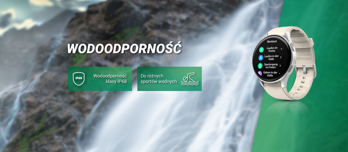 Obraz przedstawia smartwatch z jasnym paskiem na tle wodospadu. Widoczny jest tekst: \'WODOODPORNOŚĆ\', \'Wodoodporność klasy IP68\', \'Do różnych sportów wodnych\'.