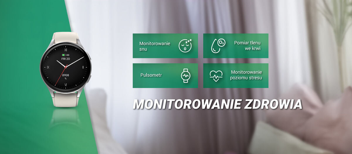 Obraz przedstawia smartwatch z okrągłym wyświetlaczem, obok którego znajdują się cztery ikony z napisami: \'Monitorowanie snu\', \'Pulsometr\', \'Pomiar tlenu we krwi\', \'Monitorowanie poziomu stresu\'. Na dole widnieje napis \'MONITOROWANIE ZDROWIA\'.
