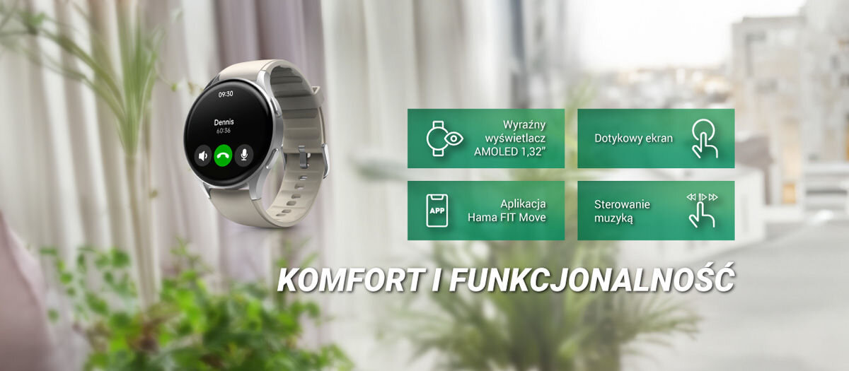 Na obrazie widoczny jest smartwatch z okrągłym wyświetlaczem, na którym wyświetlane są ikony połączenia i wiadomości. Obok znajdują się zielone pola z tekstem: \'Wyraźny wyświetlacz AMOLED 1,32\