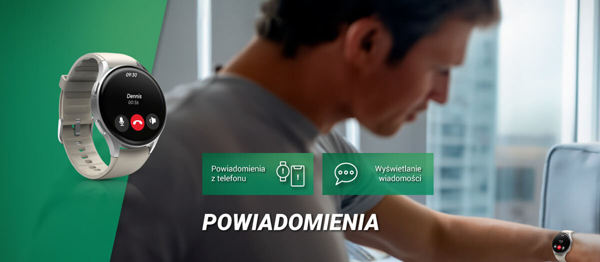 Obraz przedstawia smartwatch z wyświetlaczem pokazującym połączenie od \'Dennis\'. Obok znajdują się ikony z tekstem: \'Powiadomienia z telefonu\', \'Wyświetlanie wiadomości\' oraz napis \'POWIADOMIENIA\'.