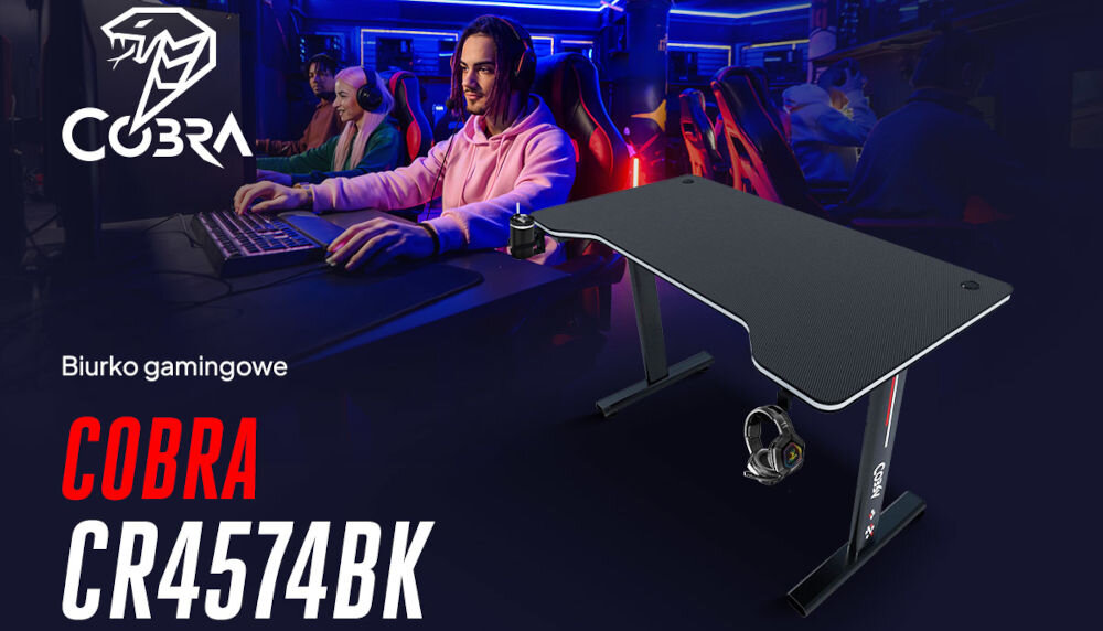 Biurko gamingowe COBRA CR4574BK Czarny Twoje miejsce do grania logo marki nazwa produktu w tle gracz