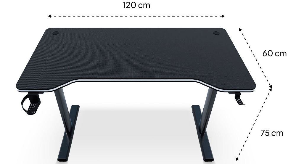 Biurko gamingowe COBRA CR4574BK Czarny kompaktowe wymiary biurka wynoszące ok. 120 cm długości, ok. 60 cm głębokości, ok. 75 cm wysokości przemyślana konstrukcja odpowiednia dla małych przestrzeni biurko na białym tle z rozpisanymi wymiarami