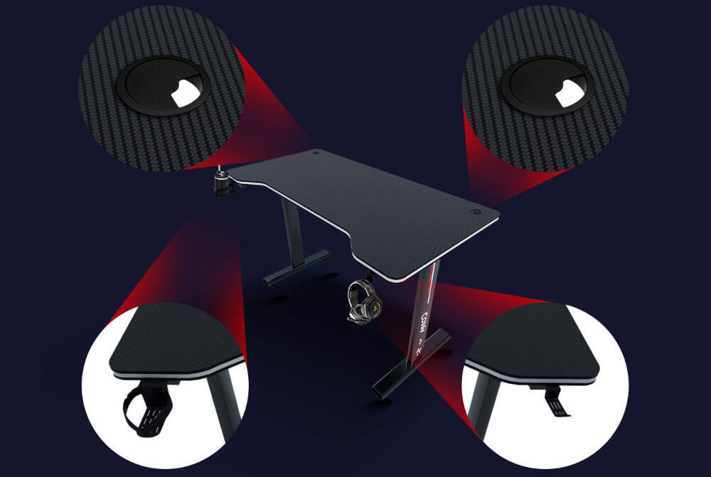 Biurko gamingowe COBRA CR4574BK Czarny wyposażone w dwa praktyczne otwory na kable oraz uchwyty na słuchawki i bidon przemyślane rozwiązania