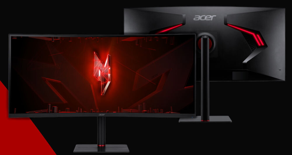 Monitor ACER Nitro XV345CURX0BMIIPPHX 34 cale 3440x1440px 200Hz 0.5 ms [GTG] Curved prezentacja monitora od przodu i tyłu na czarnym tle czerwony pasek po lewej stronie na dole