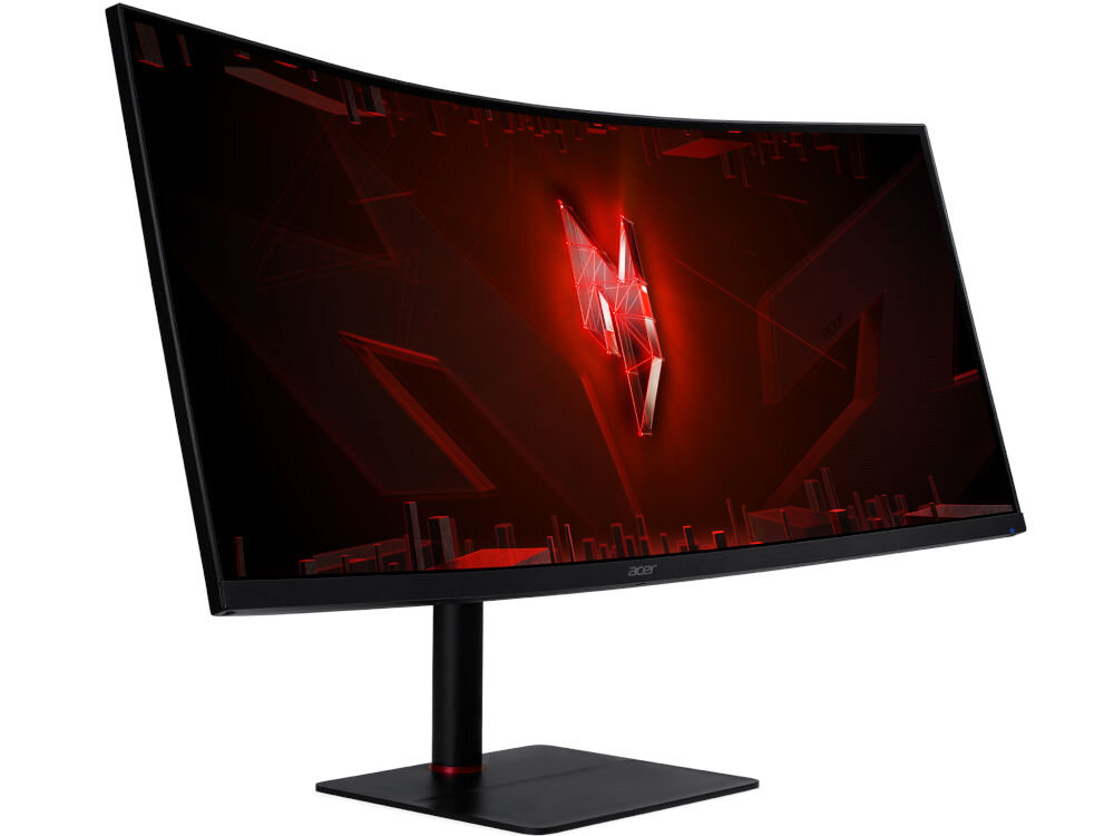Monitor ACER Nitro XV345CURX0BMIIPPHX 34 cale 3440x1440px 200Hz 0.5 ms [GTG] Curved prezentacja monitora od przodu na białym tle pod kątem wymiary komfort stabilność